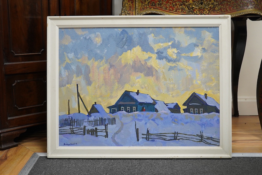 Yuri Matushevski (Russian, 1930-1999), oil on board, Snowy Russian landscape, signed and dated '66, 50 x 67cm. Condition - good